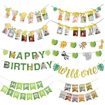 1 комплект баннеров с изображением животных джунглей на 1 год рождения для детей, Бантинг для вечеринки по случаю 1-го дня рождения, Дикие Гирлянды, праздничные принадлежности для душа в заливе