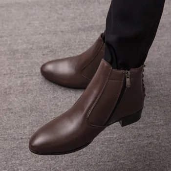 2023 Классические мужские кожаные ботинки с острым носком, коричневые мужские модельные ботинки на низком каблуке, официальная обувь с высоким берцем, мужские ботильоны большого размера 47
