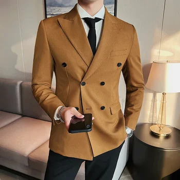 2023 Новый мужской формальный пиджак-блейзер с плоскими лацканами, приталенный повседневный мужской двубортный свадебный мужской пиджак-блейзер цвета хаки