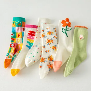 3 пары / лот, Носки с цветочным рисунком для девочек, Детские Весенне-осенние носки с дышащей сеткой, Хлопковые мягкие чулки для младенцев, носки с радужным принтом