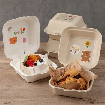 4-Дюймовая коробка для десерта, Разлагаемая Бумажная коробка для еды, защищающая окружающую среду, Белая Квадратная коробка для бенто на вынос в ресторане