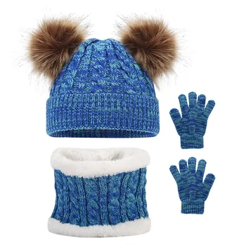 AvoDovA-3ШТ Детская зимняя вязаная шапка с двойным шариком, Перчатки, Шарф, Вязаный Утолщенный Теплый комплект для мальчиков и девочек 2-6 лет