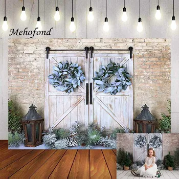 Mehofond Рождественский фон для фотосъемки деревянной двери, Кирпичной стены, венка, семейного детского портрета, декора, реквизита для фотостудии