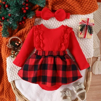 Michellecmm, Рождественский комбинезон для новорожденных девочек, юбки из меховой сетки с оборками, боди, комбинезоны, повязка на голову, одежда
