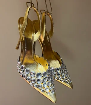 Qianruiti/ Пикантные Женские туфли-лодочки на высоком каблуке с острым носком и стразами, женские туфли-лодочки на высоком каблуке-босоножке, Свадебные туфли для вечеринок с украшением в виде кристаллов
