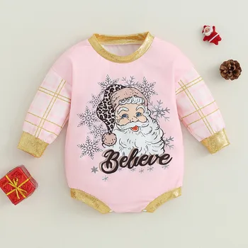 RUEWEY Рождественский комбинезон для новорожденных девочек, весенне-зимняя одежда, комбинезон в клетку с длинным рукавом и принтом Санта-Клауса для детей, младенцев