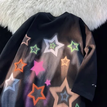 Американский хип-хоп, футболки с рисунком милых звезд, Летние Хлопчатобумажные топы Оверсайз, свободные, с коротким рукавом, модные в Корейском стиле