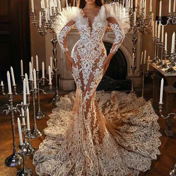 Белое вечернее платье Русалки 2023 года, глубокий V-образный вырез, рукава с оборками и кружевные платья в цветочек для выпускного вечера Для официальных мероприятий, Robe De Soirée