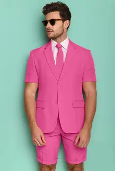 Блейзер, брючные костюмы, розовые короткие мужские смокинги, летняя пляжная одежда для жениха, свадебная деловая одежда для выпускного вечера (куртка + брюки)