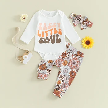 Весенне-осенние комплекты одежды для новорожденных мальчиков и девочек, Боди с длинными рукавами и круглым вырезом с буквенным принтом + Длинные брюки с цветочным рисунком + Повязка на голову