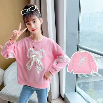 Весенне-осенняя детская толстовка, розовые кружевные топы для девочек с бантиком, пуловер с длинным рукавом, хлопковая корейская одежда для детей 3-12 лет