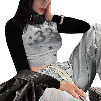 Винтажные футболки Y2K, эстетичный укороченный топ Fairycore, Ретро 90-х, графический принт, рубашка в стиле панк с длинным рукавом, женская одежда