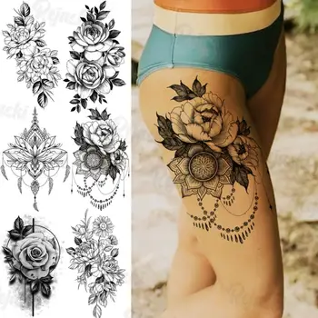 Временные татуировки с большим черным цветком Мандалы для женщин, татуировки на бедрах для девочек, реалистичная наклейка-татуировка с подвесками из хны и солнечных перьев