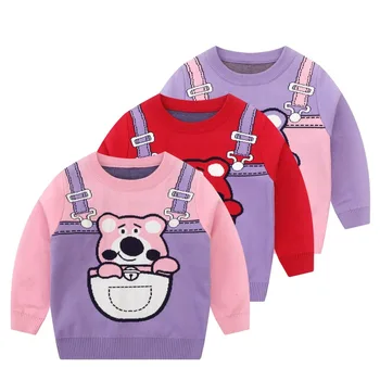 Детская одежда, свитер для маленьких девочек, милый мультяшный комплект из двух предметов Lotso, свитера на подтяжках, Розовый свитер с милым медведем для девочек, хлопок