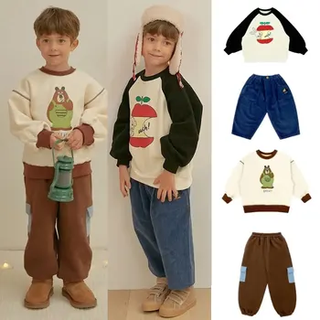 Детская толстовка с длинным рукавом, комплект детской одежды с мультяшным принтом, осенне-зимняя детская толстовка, утолщенный теплый хлопок