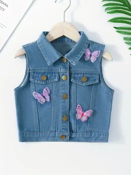 Джинсовый жилет для девочек с отворотом в виде бабочки, универсальный джинсовый жилет в цветочек, весенне-осеннее повседневное пальто