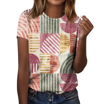 Женская модная повседневная футболка с текстурированным принтом в стиле ретро, круглый вырез, короткий рукав, топ, женская модная блузка, Футболка 2023 для женщин