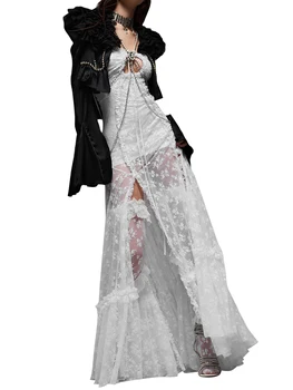 Женское макси-длинное платье на бретельках с кружевной вышивкой, коктейльное платье с рюшами, без рукавов, платье-комбинация с вырезом на спине (белый L)