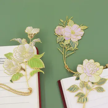 Зажим для цветочной книги Металлические цветочные закладки Маркер страницы книги с выдолбленной кисточкой в китайском стиле Для любителей книг с камелией и розой