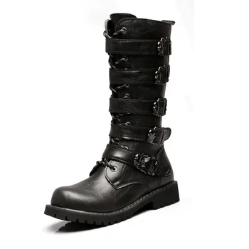 Зимние мужские модные мотоциклетные ботинки в стиле панк, военные ботинки до середины икры, готическая пряжка, мужские кожаные теплые ботинки для пустыни