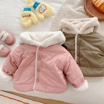 Зимняя Детская Плотная теплая одежда в Корейском стиле Для маленьких мальчиков и девочек, однотонная Плюшевая куртка с капюшоном, Детское толстое пальто-кардиган