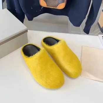 Итальянские женские кожаные меховые модные тапочки 2023 года, роскошные брендовые дизайнерские туфли на плоской подошве из конского волоса, повседневные удобные мужские тапочки