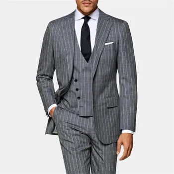 Классические серые мужские костюмы в тонкую полоску для бизнеса, однобортный пиджак, жилет, брюки, 3 предмета, официальные свадебные смокинги для жениха, сшитые на заказ