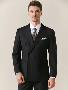 Комплект мужских костюмов, Блейзер + брюки, Официальная одежда жениха, одежда делового человека, Двубортный Черный темно-синий костюм Плюс размер 58