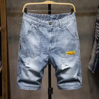 Летние Мужские свободные прямые джинсовые шорты с пятью точками, модные джинсовые мешковатые брюки для бега трусцой от бренда OUMEA