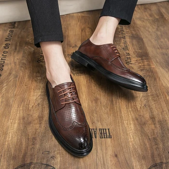 Летние Новые мужские классические туфли в стиле ретро с вырезами, мужские кожаные деловые туфли на шнуровке, офисные туфли на плоской подошве, Мужские туфли-оксфорды для свадебной вечеринки