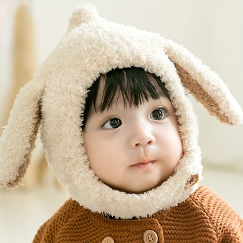 Милые зимние детские шапочки с заячьими ушками, теплая плюшевая шапочка для маленьких мальчиков и девочек, милая однотонная теплая шапочка для защиты ушей для новорожденных малышей