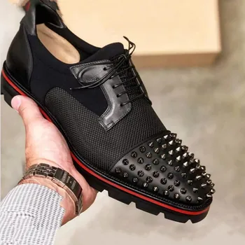 Мужская обувь в стиле панк с заклепками, черная дышащая повседневная модная мужская обувь ручной работы на шнуровке с бесплатной доставкой, мужские модельные туфли