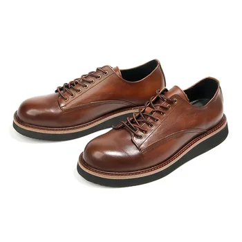 Мужская обувь из натуральной кожи, повседневная обувь в стиле ретро, мужские туфли на плоской подошве со шнуровкой и круглым носком, деловые модельные туфли