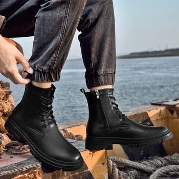 Мужские ботинки, черные ботинки на платформе в британском стиле для мужчин, ботильоны, уличные ботинки из натуральной кожи роскошного бренда, мужская повседневная обувь
