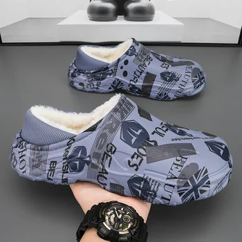 Мужские водонепроницаемые тапочки, зима 2024, Новая нескользящая домашняя плюшевая теплая хлопчатобумажная обувь, модная и удобная повседневная обувь, мягкая