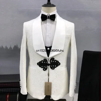 Мужской костюм из трех частей Пальто Жилет Брюки 2023 Новый Высококачественный Китайский узелок Белый принт Формальный Тонкий Модный Деловой Свадебный