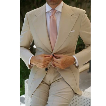 Новое поступление, Мужской костюм, бежевый, приталенный, модный, с отворотом, однобортный, из 2 предметов, формальный, элегантный, повседневный Свадебный смокинг, Блейзер, брюки