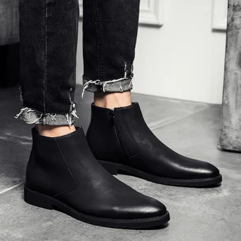 Новые короткие ботинки в стиле Челси, модные короткие ботинки с острым носком на толстом каблуке, мужские ботинки, обувь для мужчин, мужская обувь