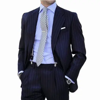 Новый дизайн Мужской костюм в тонкую полоску из 2 предметов Темно-синий Приталенный деловой блейзер Формальный Жених Свадебные смокинги Trajes de Hombre
