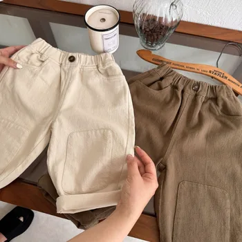 Осенние однотонные брюки-карго с нашивками для мальчиков и девочек 2023 года, детские хлопковые брюки Унисекс, универсальные повседневные широкие брюки