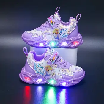 Повседневная обувь со светодиодной подсветкой Для девочек Disney, Детские Кроссовки, Кожаная Дышащая Сетчатая Студенческая обувь, Обувь Принцессы с героями Мультфильмов, Размер 23-36