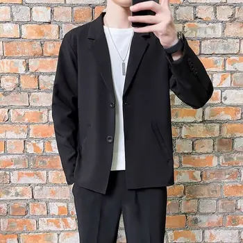 Популярный среди молодежи весенний мужской пиджак с плоским воротником-лацканом, модный пиджак с длинными рукавами 2023 года, стандартная повседневная одежда без прорезей, куртки