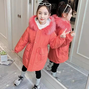 Пуховое пальто для девочек, хлопковая ветрозащитная верхняя одежда 2023, Простая теплая утепленная бархатная зимняя лыжная одежда, детская одежда