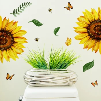 Растения, Цветы, Подсолнухи, бабочки, Наклейка на стул, декор для оконного стекла, ванная комната, туалет, самоклеящийся Водонепроницаемый материал