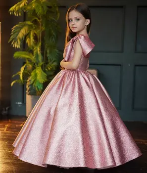 Розовые платья для девочек в цветочек для гостей свадьбы, детское платье для первого причастия с круглым вырезом и бантом на плечах, праздничное платье