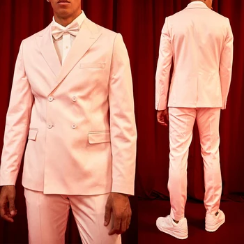Розовые Чистые Мужские костюмы, 2 предмета, Блейзер, Брюки, Двубортный Современный модный смокинг, Приталенная Свадебная Официальная рабочая вечеринка, Повседневный крой