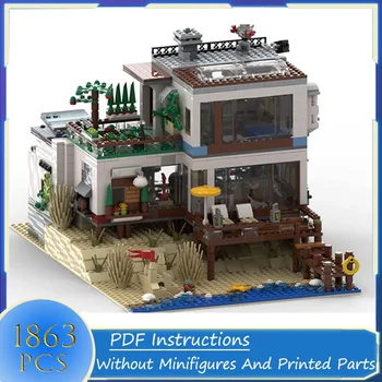 Строительные блоки MOC с видом на улицу, Пляжный домик на дюне, модульная модель, архитектура для сборки своими руками, Креативная Кирпичная игрушка, подарок на день рождения