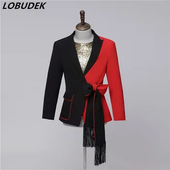 Сценические блейзеры для певцов и барменов, красно-черный дизайн сращивания с поясом, повседневное пальто, костюм для выступлений, пиджаки для ведущего.