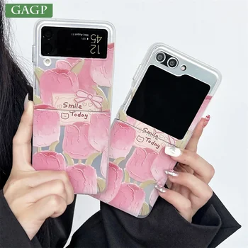 Тюльпан Розовый Цветок Волна Граница Чехол Для Телефона Samsung Galaxy Z Флип 5 Z Флип 4 Z Флип 3 Цепной Ремешок Силиконовый Противоударный Чехол
