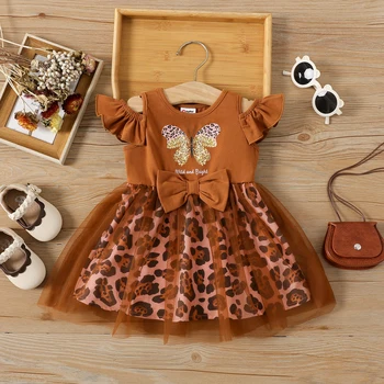 Хлопковое платье-фея с открытыми плечами и развевающимися рукавами-бабочками PatPat Baby Girl из сетчатой ткани с леопардовым принтом в виде бабочки